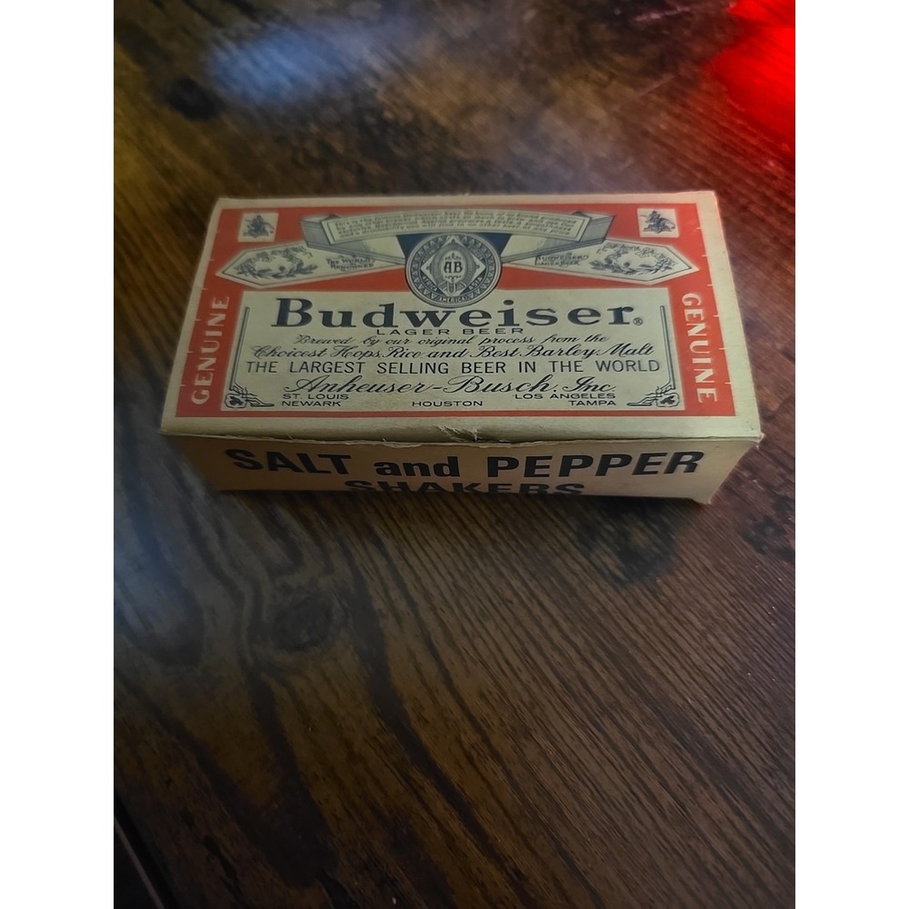 Vintage 1960s Glass Budweiser Salt and Paper Shaker Beer Bottles in Original Box